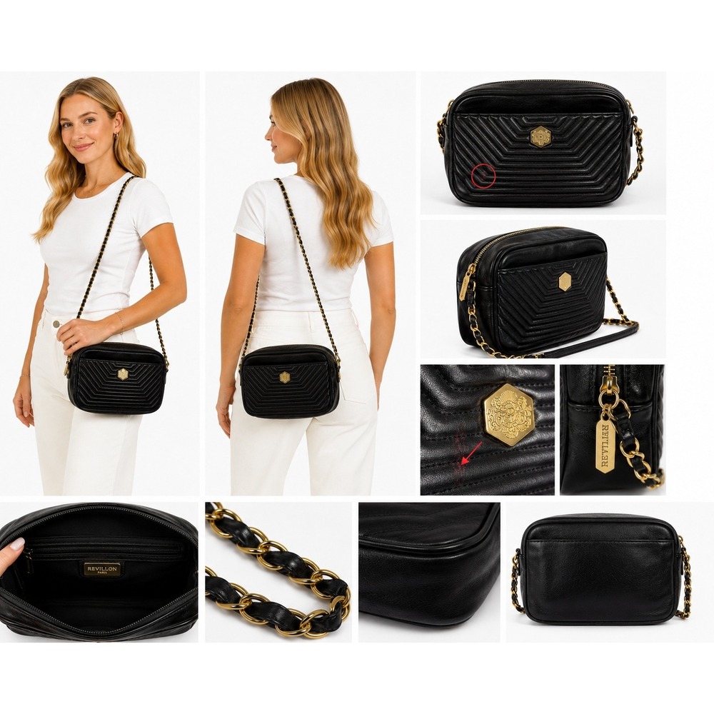 Revillon Vintage Black Quilted Leather Gold Chain Crossbody Purse French Luxury